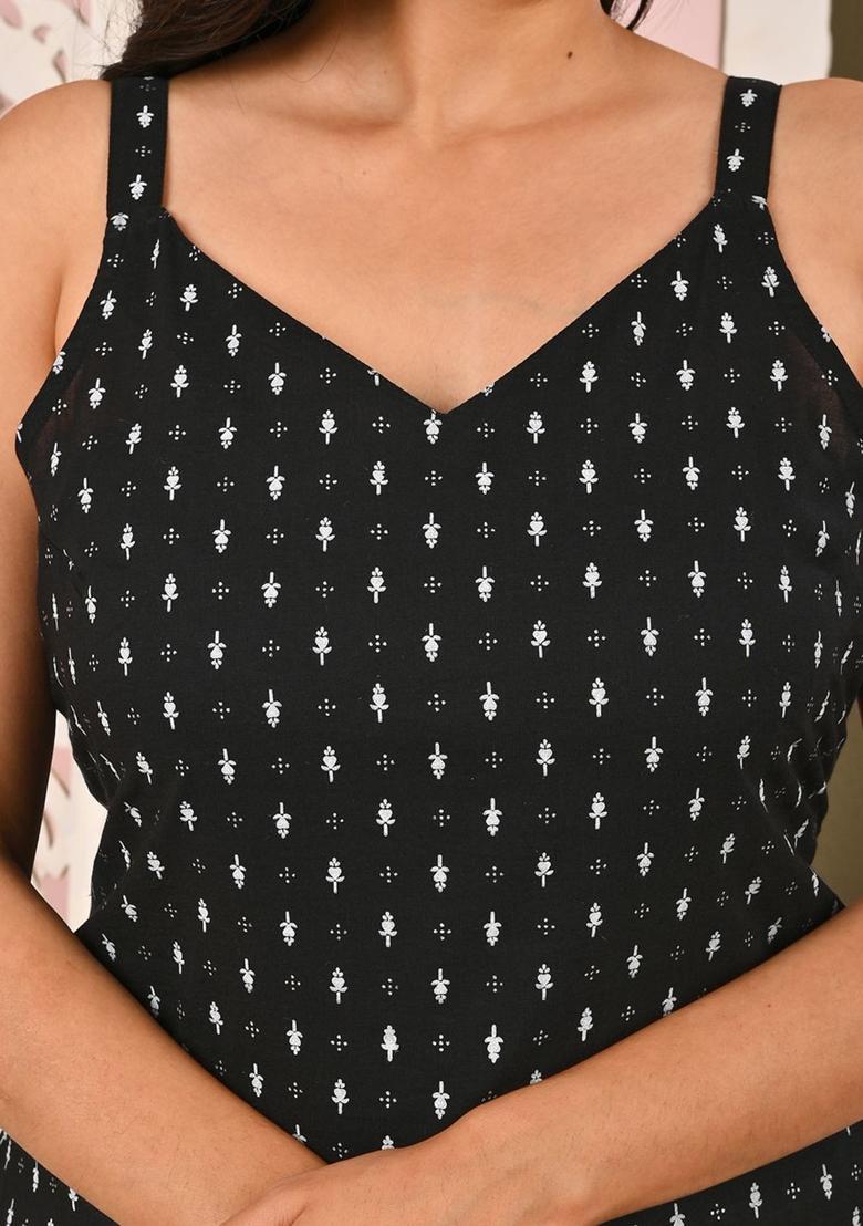 Black Floral Print Cotton Kurtas - Indya