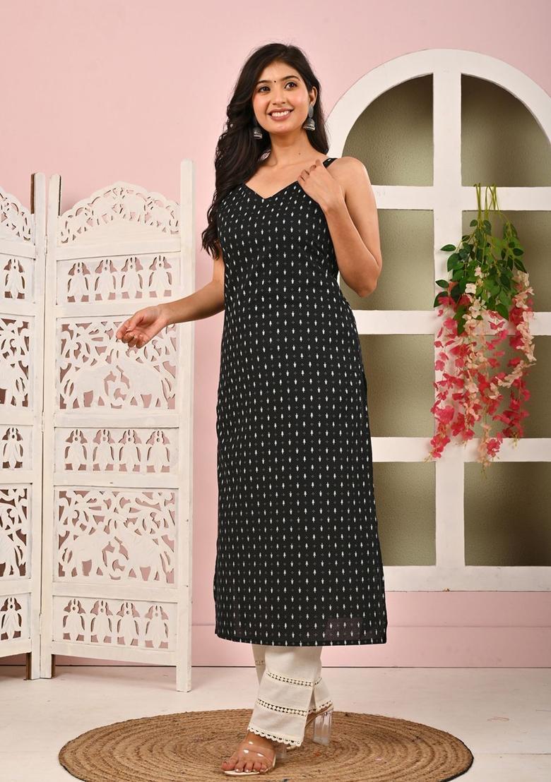 Black Floral Print Cotton Kurtas - Indya