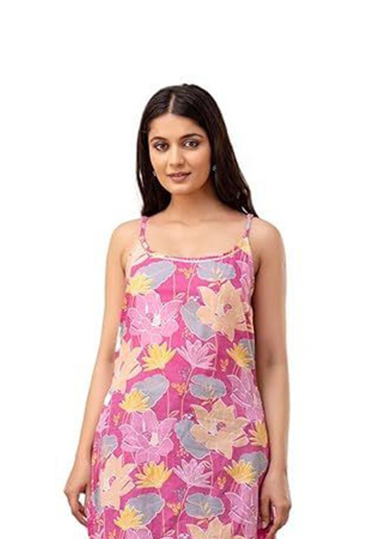 Pink Floral Print Cotton Kurtas - Indya