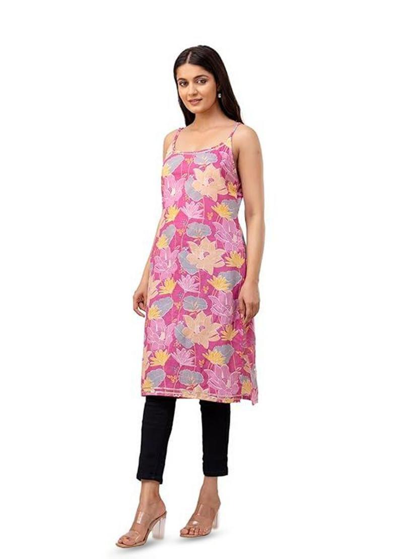 Pink Floral Print Cotton Kurtas - Indya