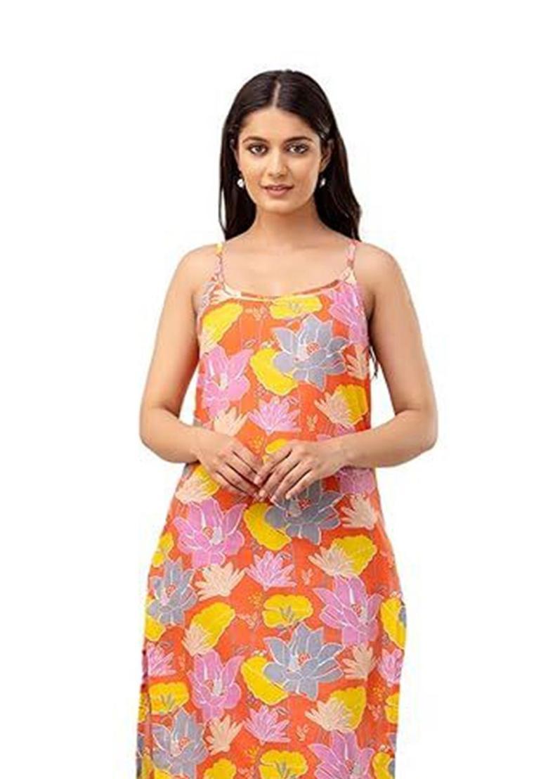 Orange Floral Print Cotton Kurtas - Indya