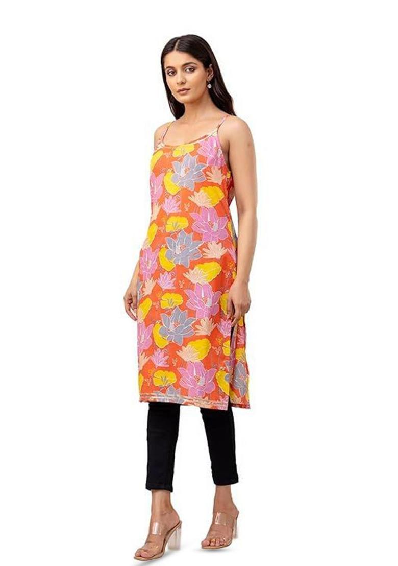 Orange Floral Print Cotton Kurtas - Indya