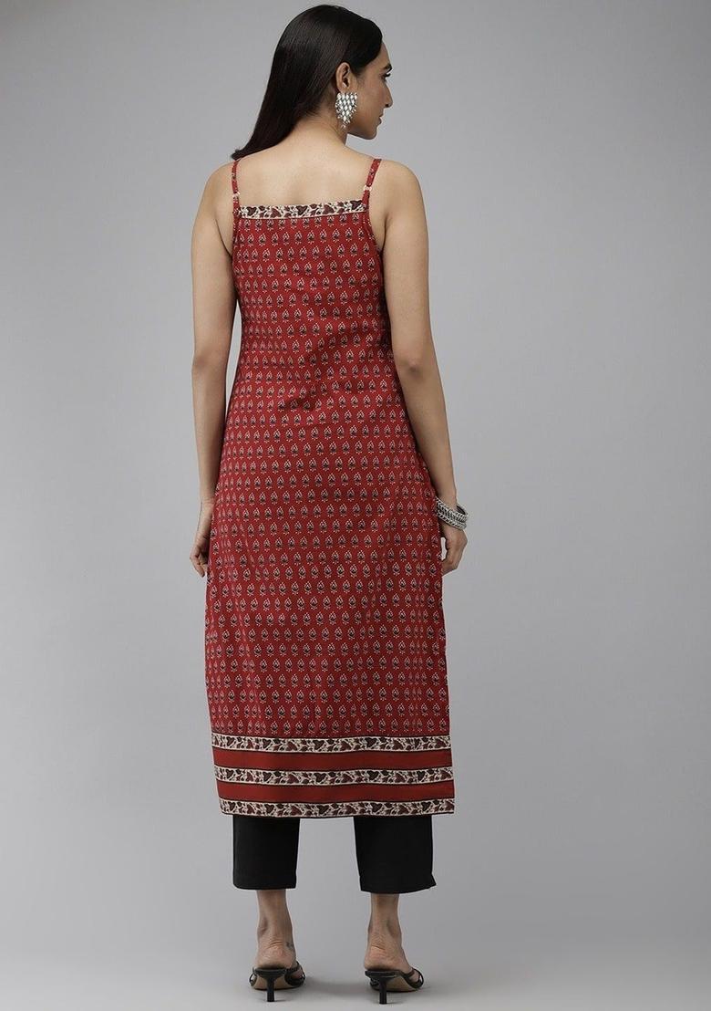 Maroon Floral Print Cotton Kurtas - Indya