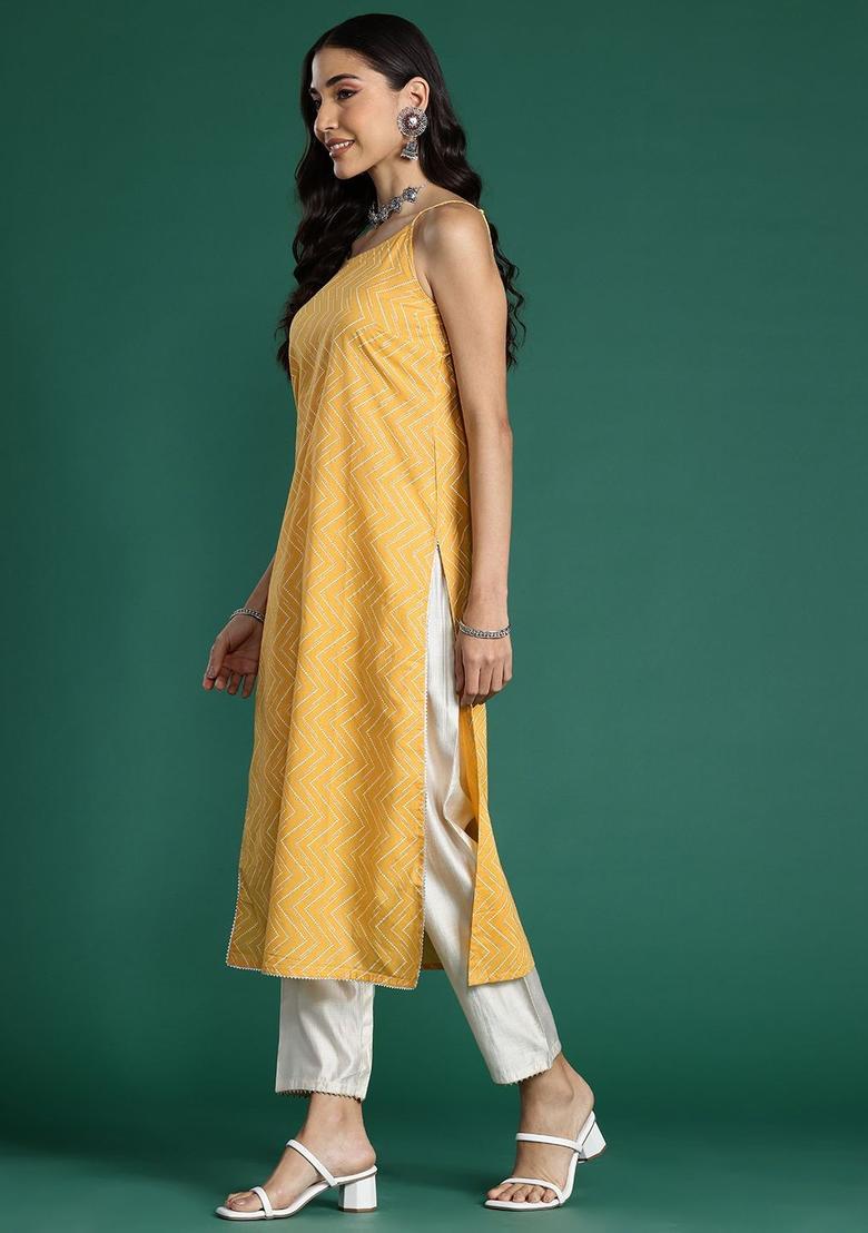Yellow Printed Cotton Kurtas - Indya