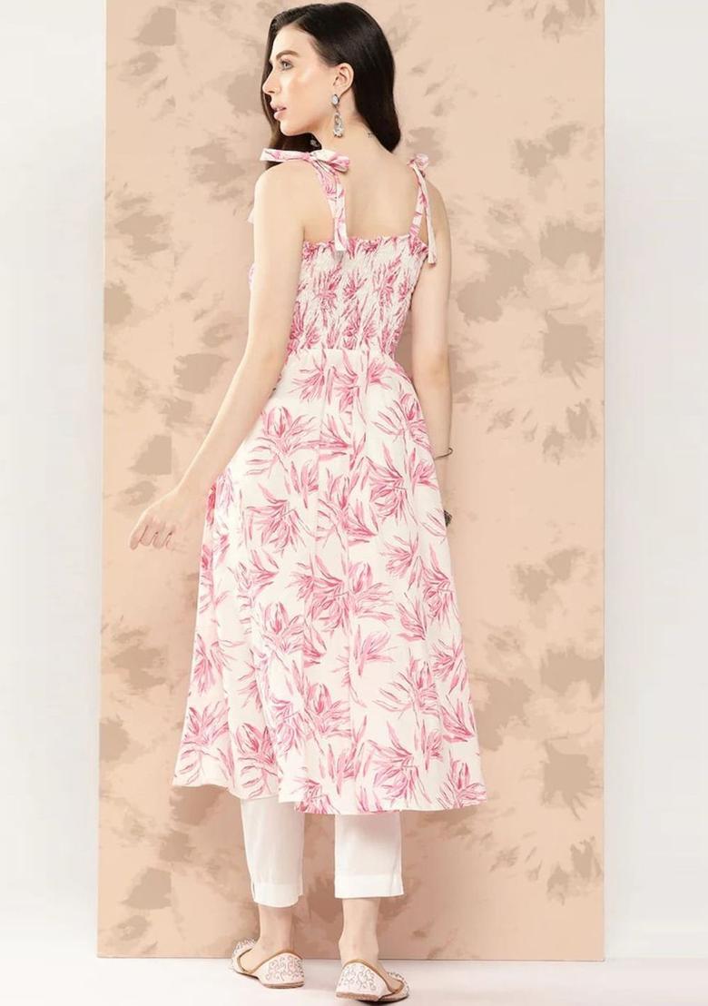 White Floral Print Kurtas - Indya