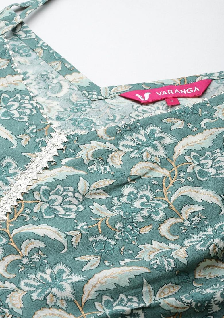 Sea Green Floral Print Kurtas - Indya