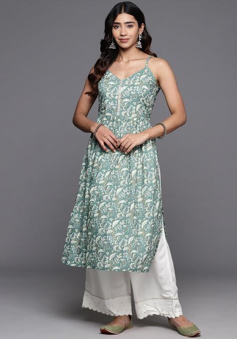 Sea Green Floral Print Kurtas — view on Indya