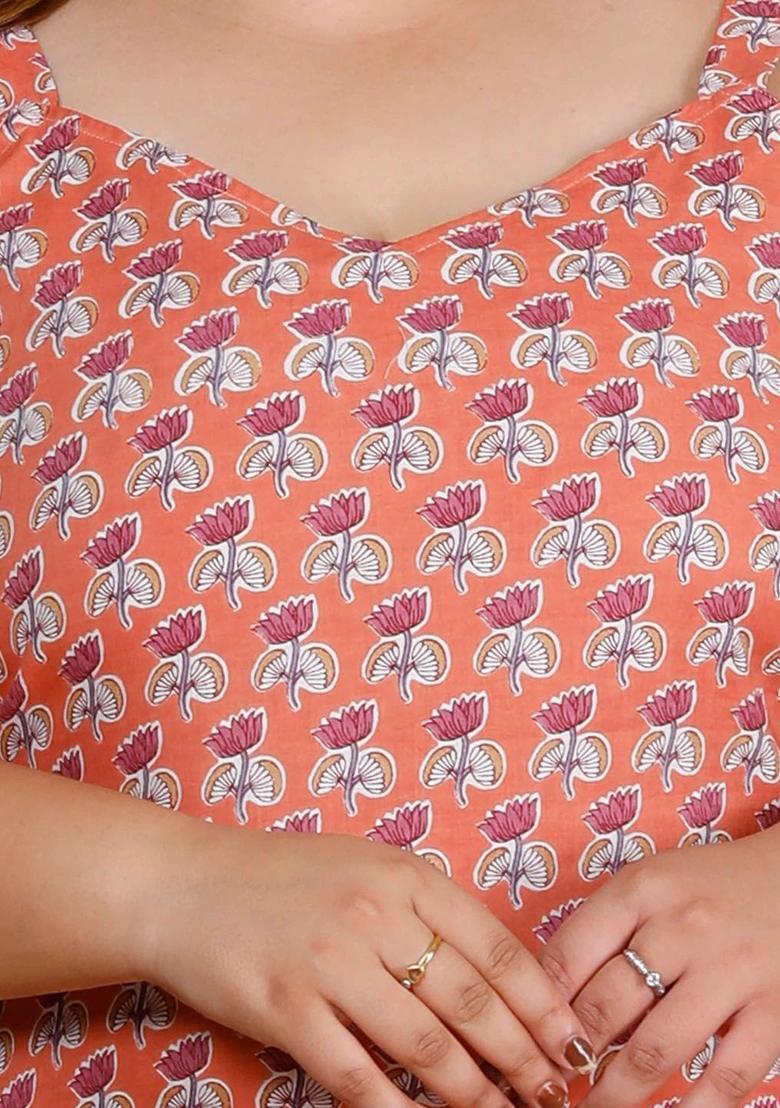 Peach Floral Print Kurtas - Indya