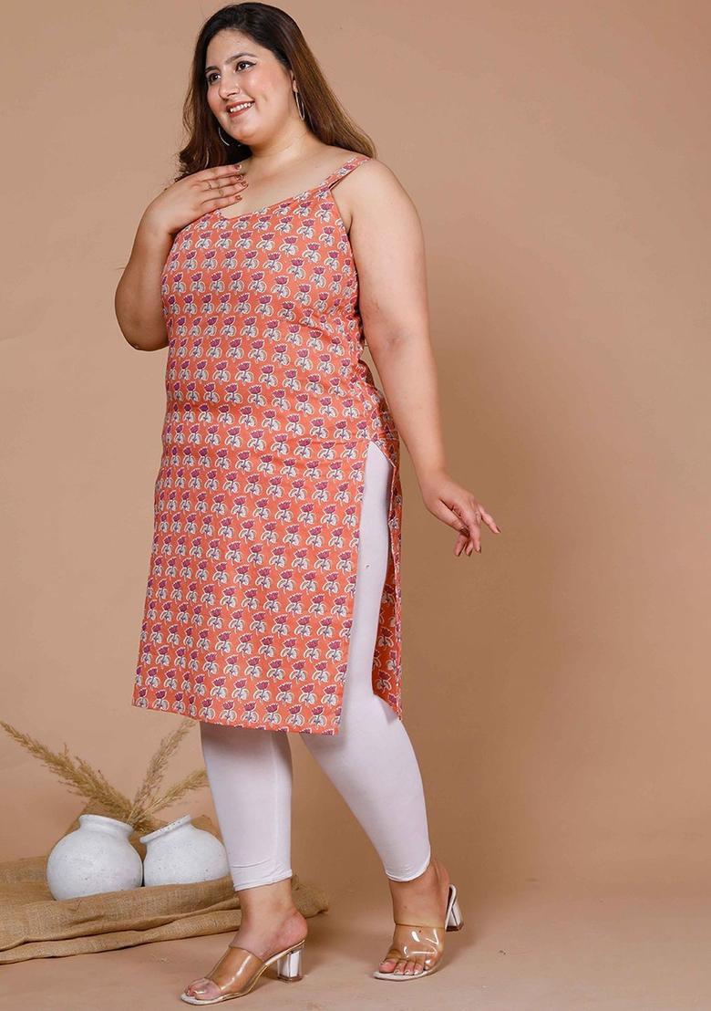 Peach Floral Print Kurtas - Indya
