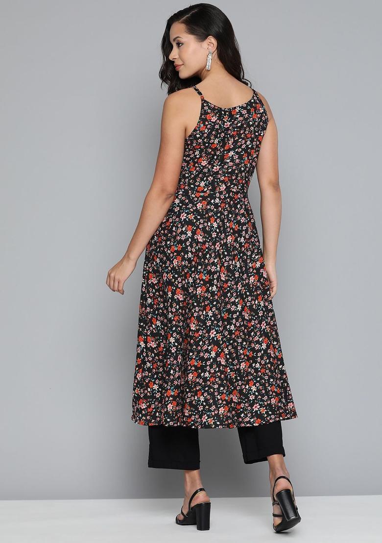Black Floral Print Kurtas - Indya