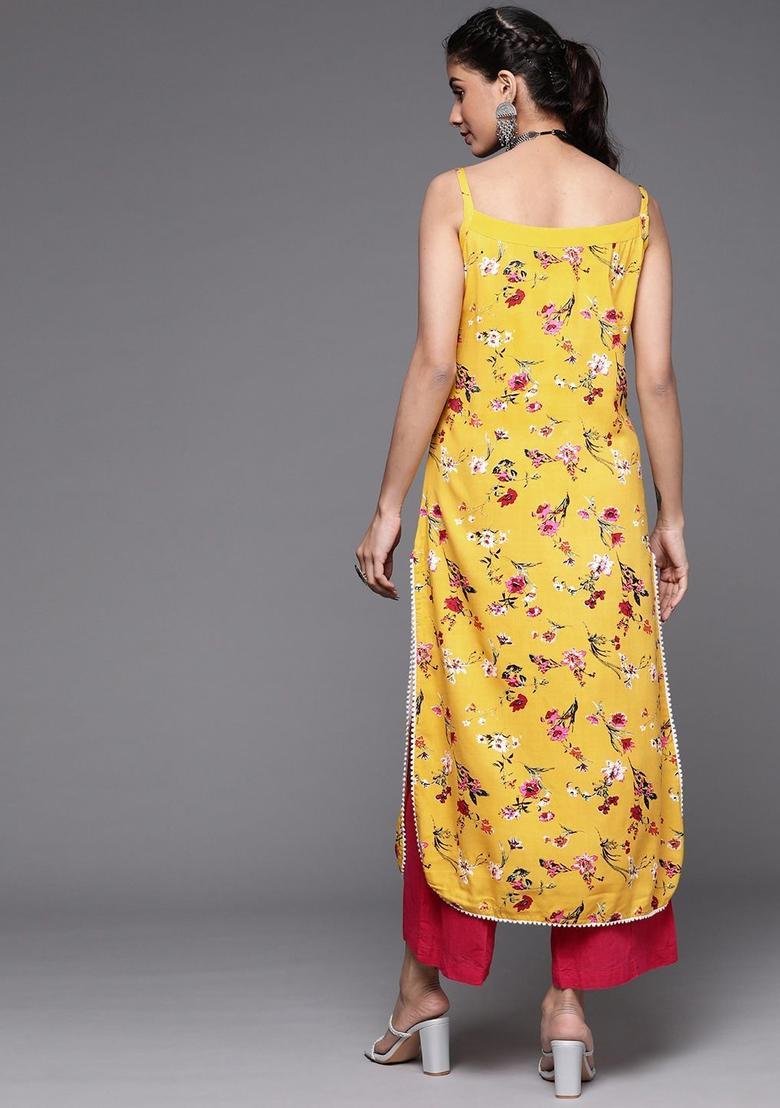 Yellow Floral Print Kurtas - Indya