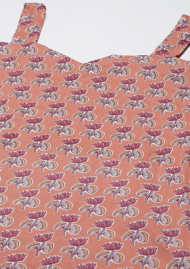 Peach Floral Print Kurtas - Indya