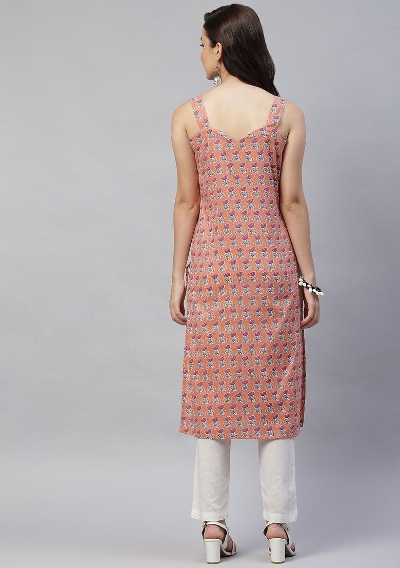 Peach Floral Print Kurtas - Indya