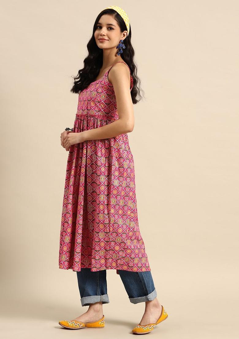 Pink Printed Cotton Kurtas - Indya
