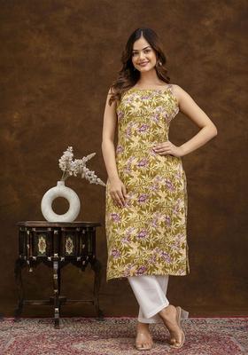 Mustard Floral Print Cotton Kurtas