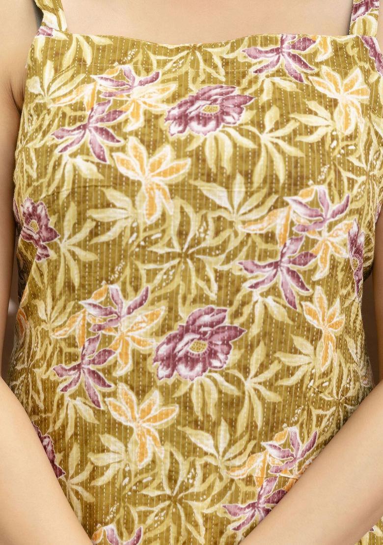 Mustard Floral Print Cotton Kurtas - Indya