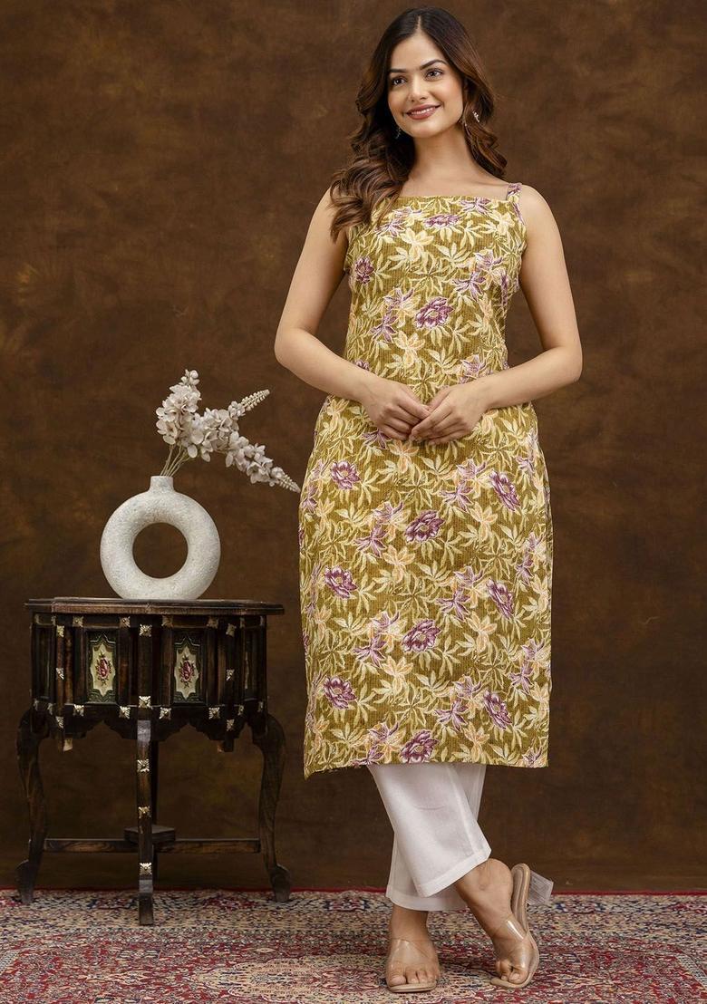 Mustard Floral Print Cotton Kurtas - Indya