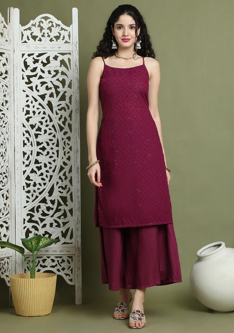 Purple Embroidered Kurtas - Indya