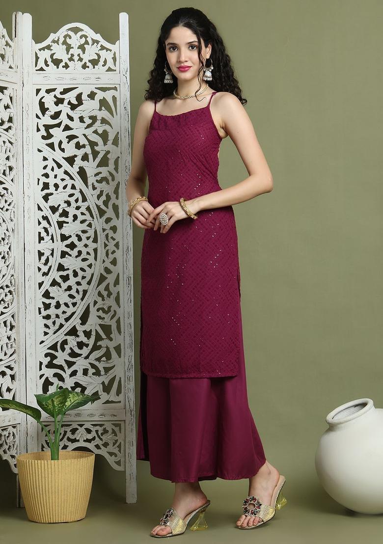 Purple Embroidered Kurtas - Indya