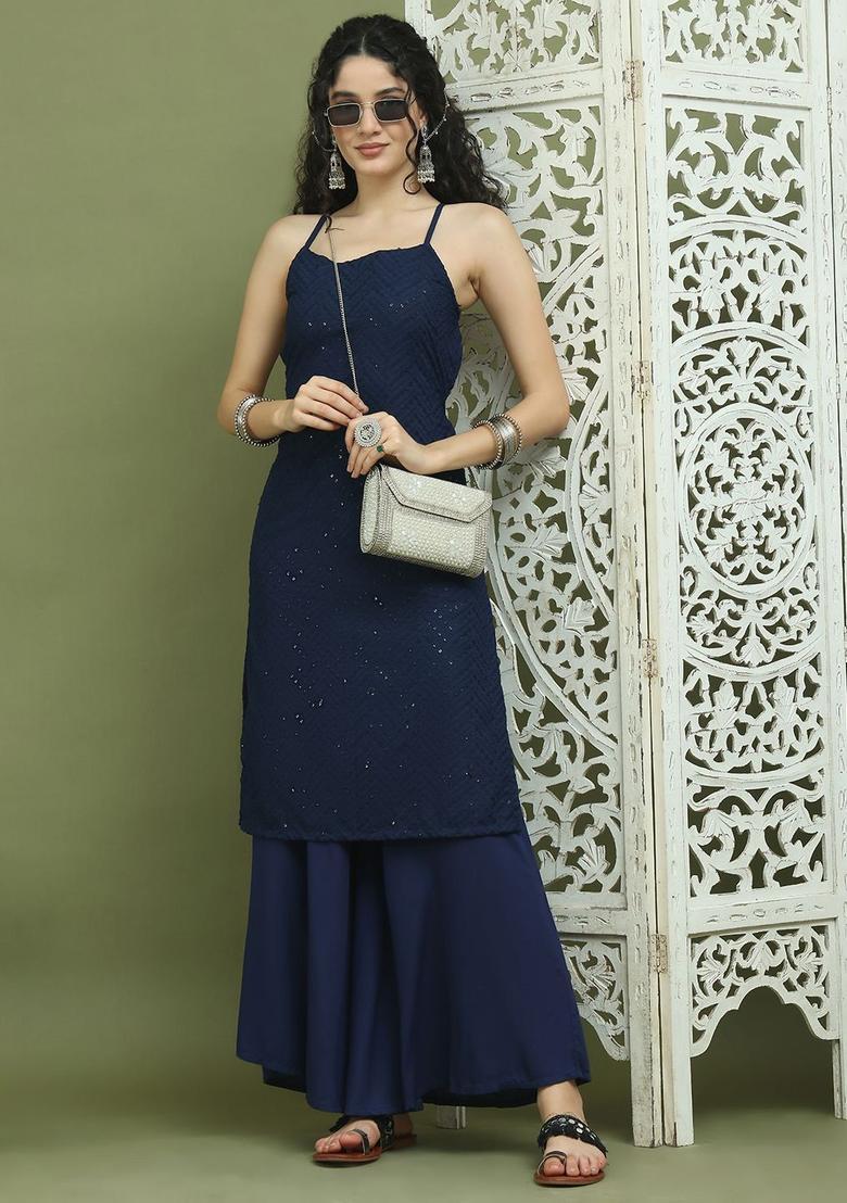 Navy Blue Embroidered Kurtas - Indya