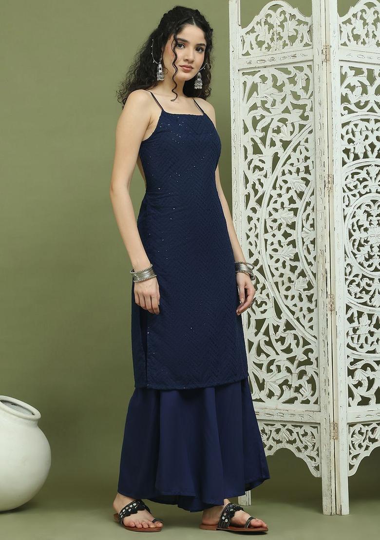 Navy Blue Embroidered Kurtas - Indya