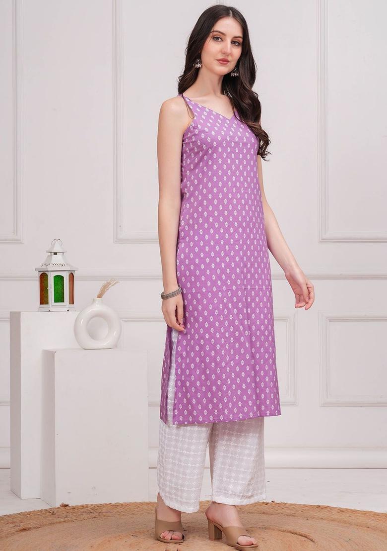 Purple Printed Cotton Kurtas - Indya