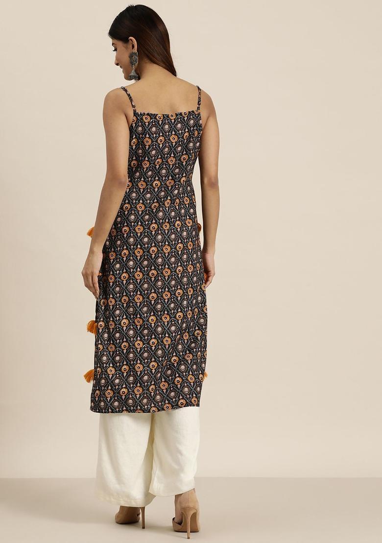 Black Printed Cotton Kurtas - Indya