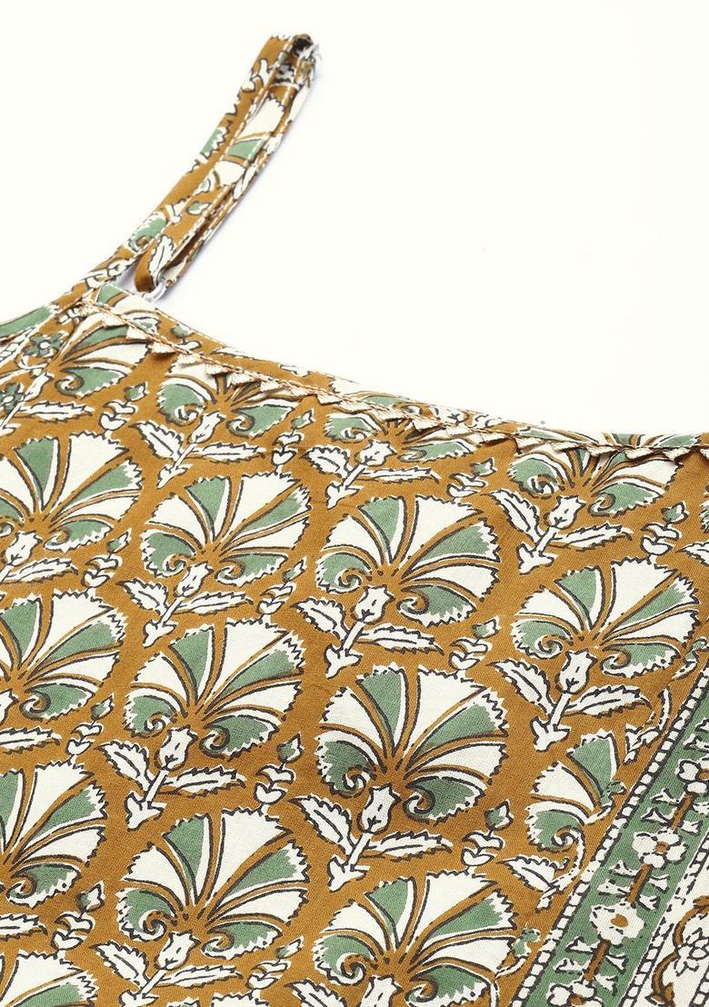 Khaki Printed Cotton Kurtas - Indya