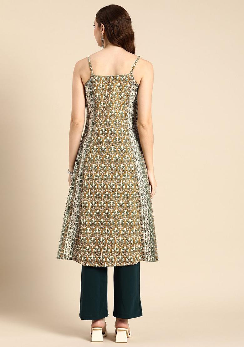Khaki Printed Cotton Kurtas - Indya