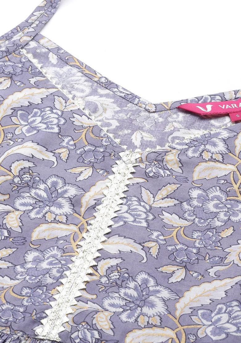 Purple Floral Print Cotton Kurtas - Indya