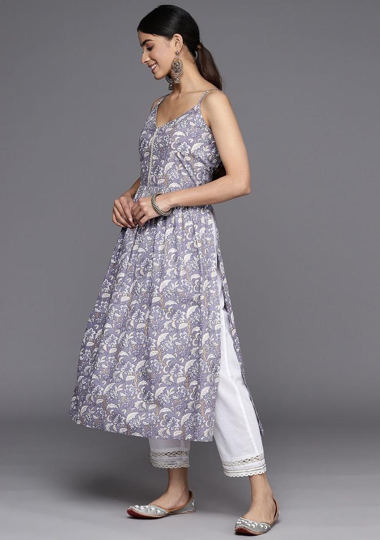 Purple Floral Print Cotton Kurtas - Indya