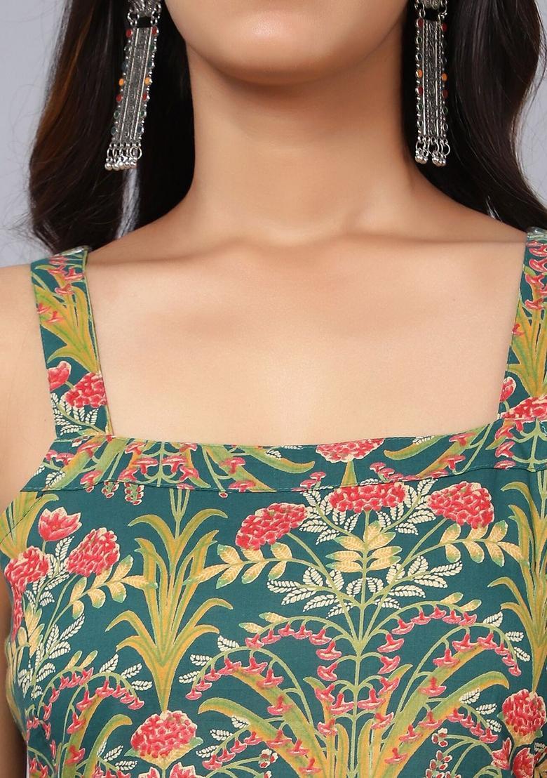 Green Floral Print Cotton Kurtas - Indya