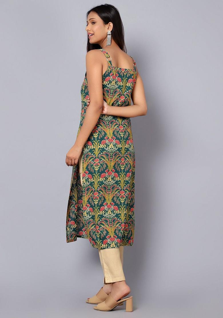 Green Floral Print Cotton Kurtas - Indya
