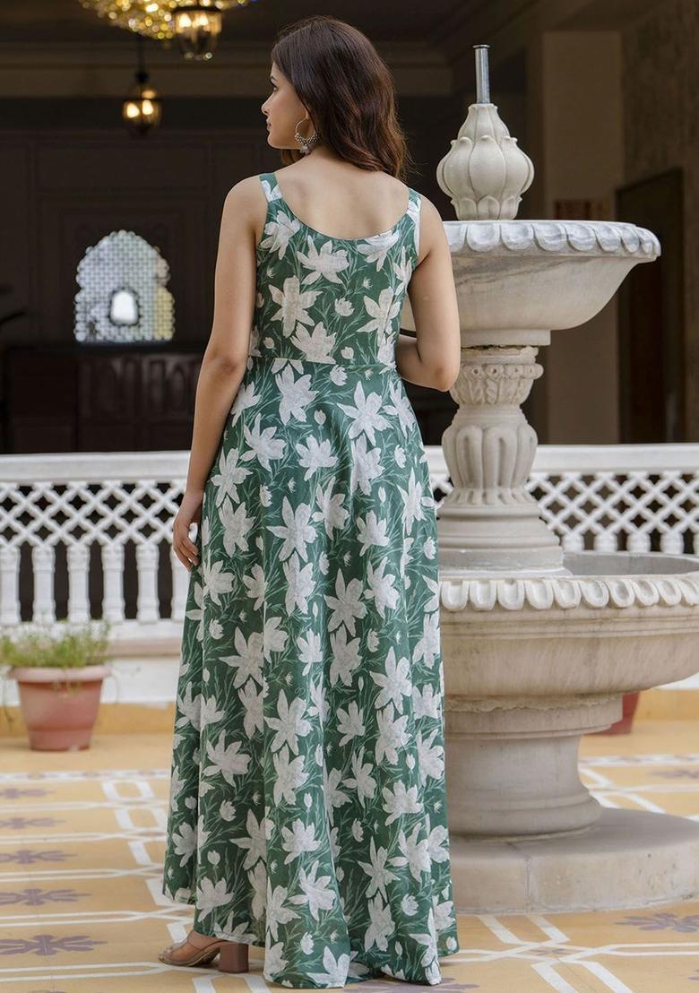 Green Floral Print Cotton Kurta Set - Indya