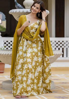Mustard Floral Print Cotton Kurta Set