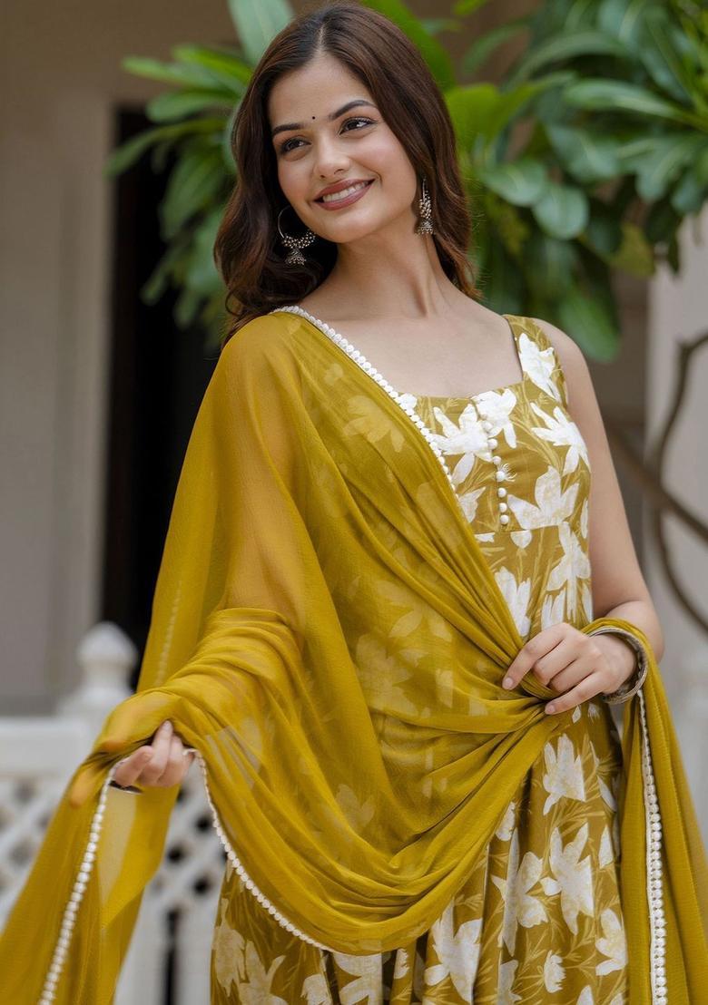 Mustard Floral Print Cotton Kurta Set - Indya