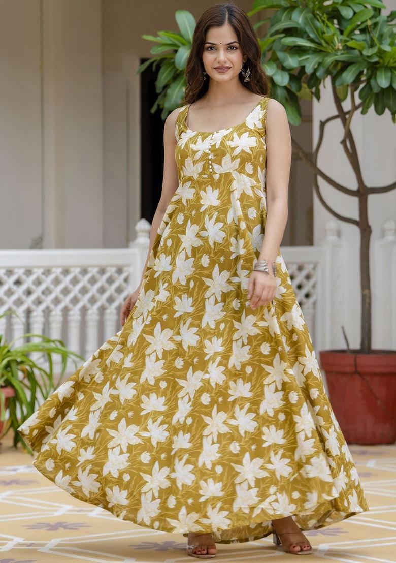 Mustard Floral Print Cotton Kurta Set - Indya