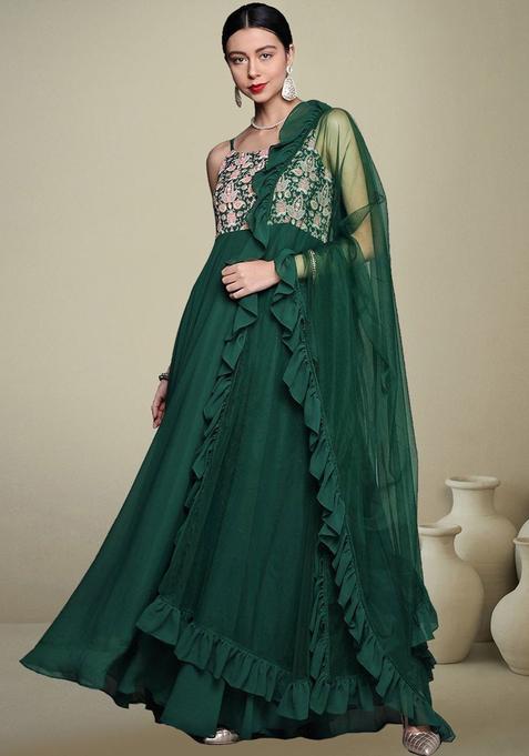 Green Embroidered Kurta Set — view on Indya