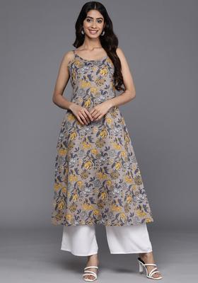 Grey Floral Print Cotton Kurtas