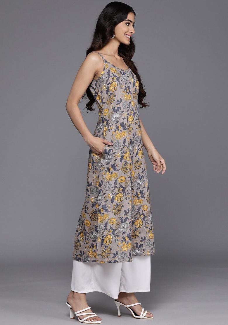 Grey Floral Print Cotton Kurtas - Indya