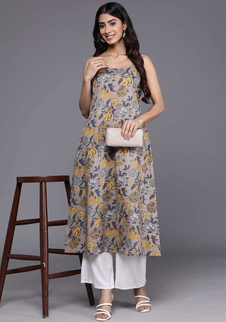 Grey Floral Print Cotton Kurtas - Indya