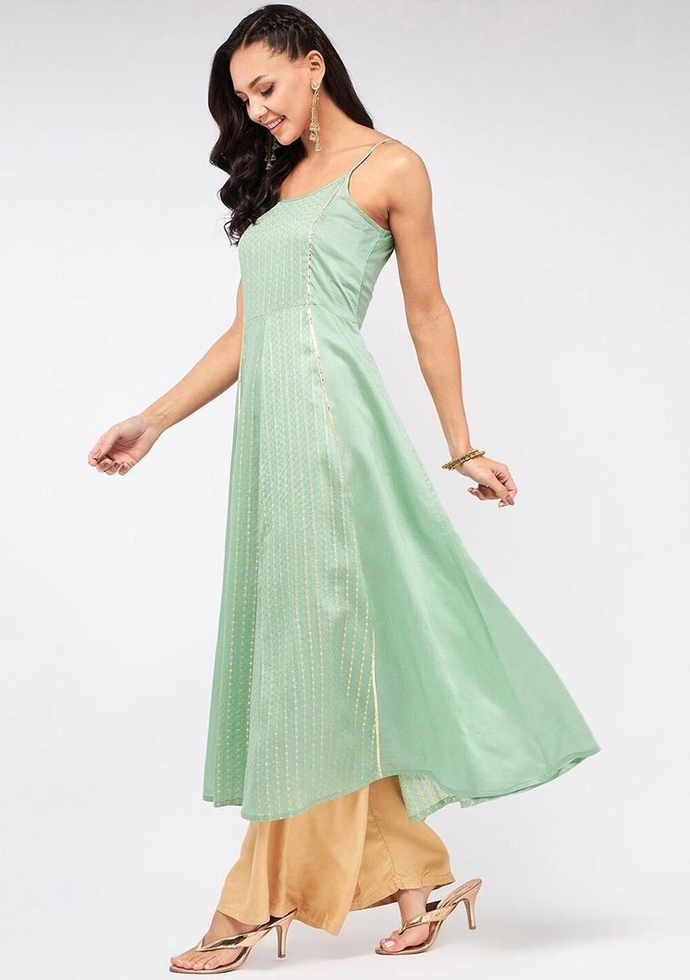 Sea Green Striped Cotton Kurtas - Indya