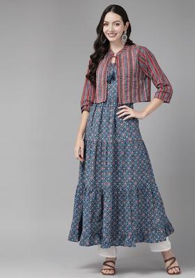 Navy Blue Printed Cotton Kurta Set