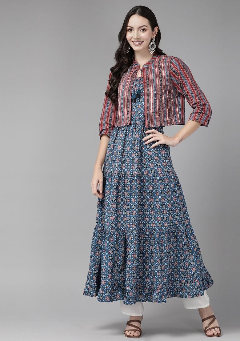 Navy Blue Printed Cotton Kurta Set - Indya