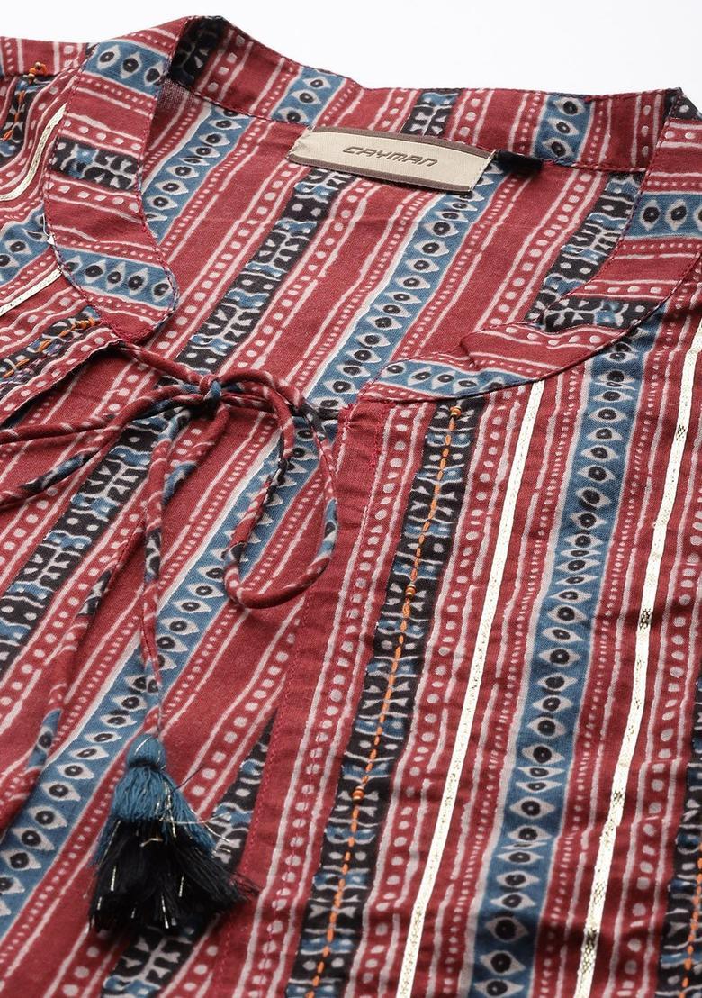 Navy Blue Printed Cotton Kurta Set - Indya