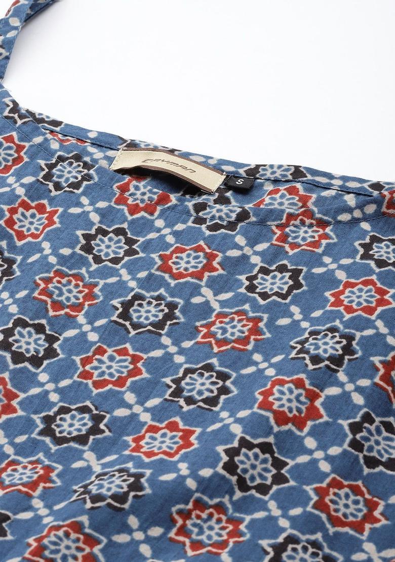 Navy Blue Printed Cotton Kurta Set - Indya