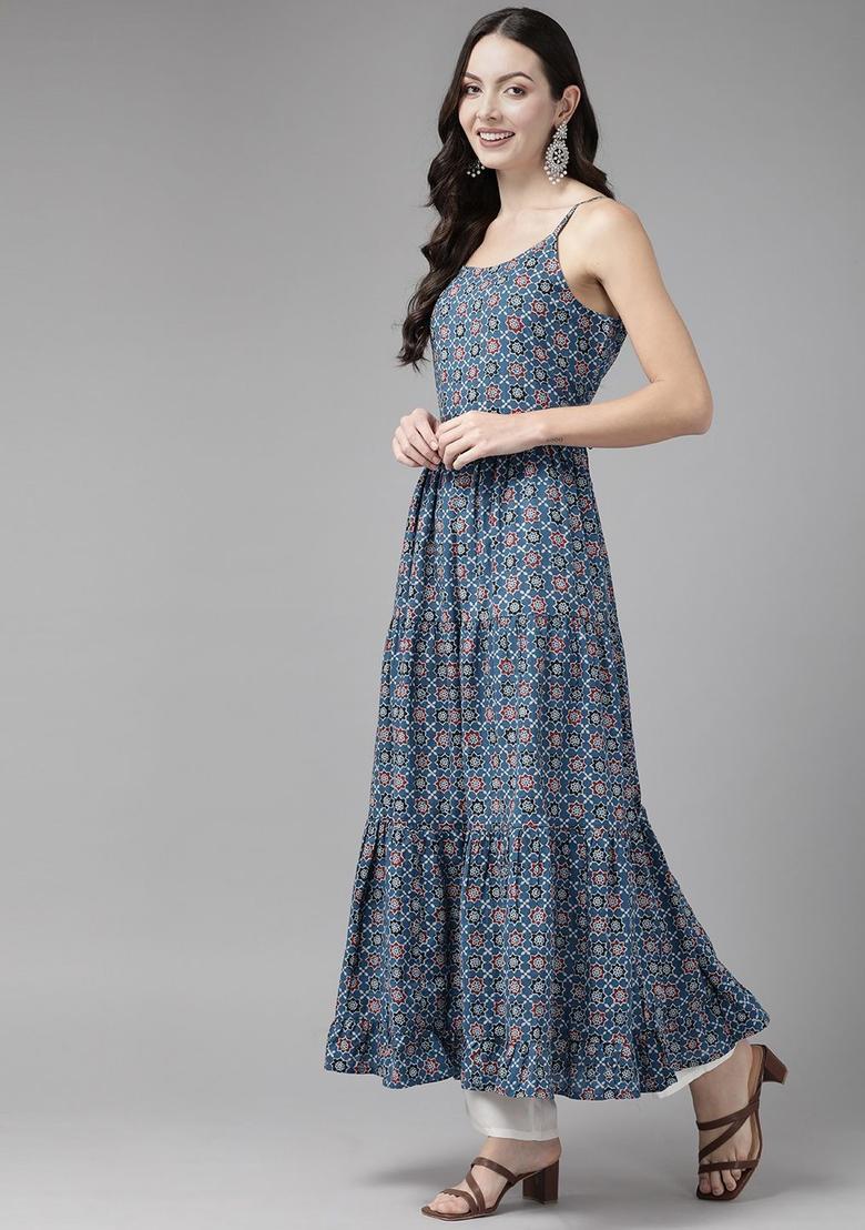 Navy Blue Printed Cotton Kurta Set - Indya