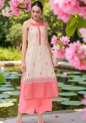 Beige Embroidered Kurtas