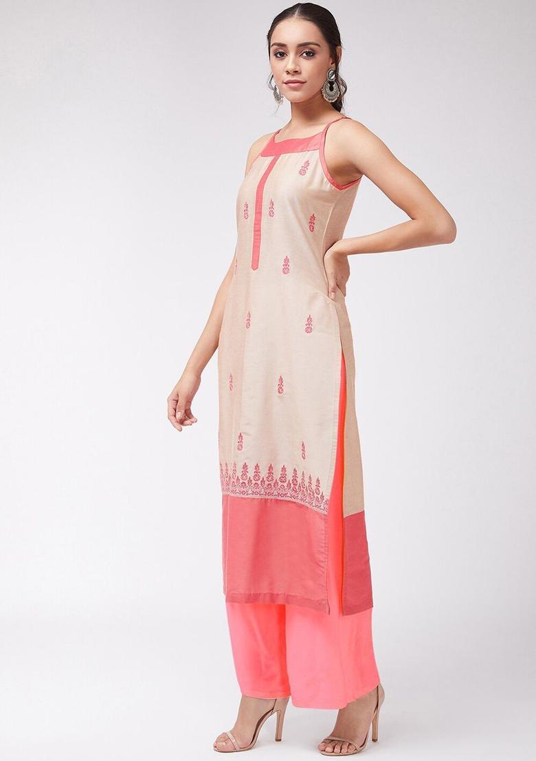 Beige Embroidered Kurtas - Indya