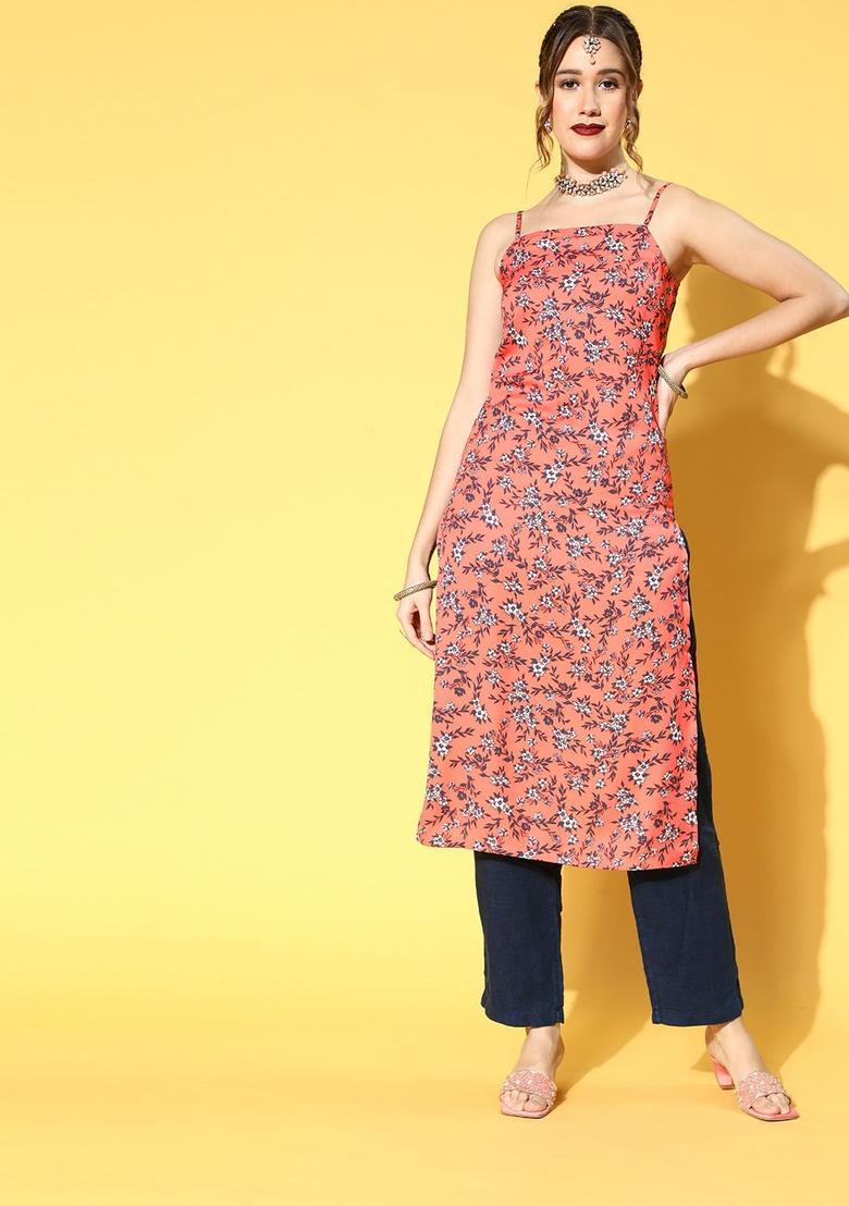 Peach Polyester Kurtas - Indya